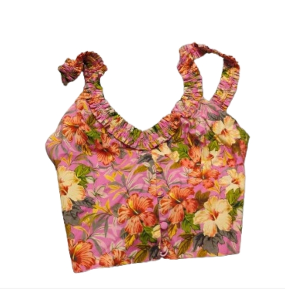 Zara Ruffle V Neck Floral Cropped Top Sz S - Picture 1 of 4